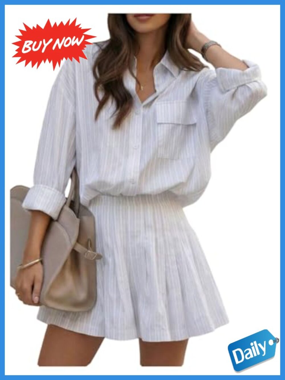 Women's Striped Long Sleeve Button Down Shirt and Shorts 2 Piece Set